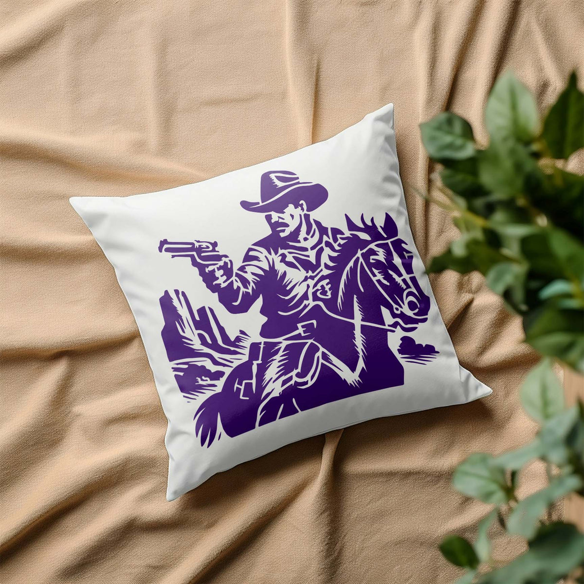 A purple Wild West Gunslinger Stencil depicts a cowboy aiming his revolver on a white pillow.