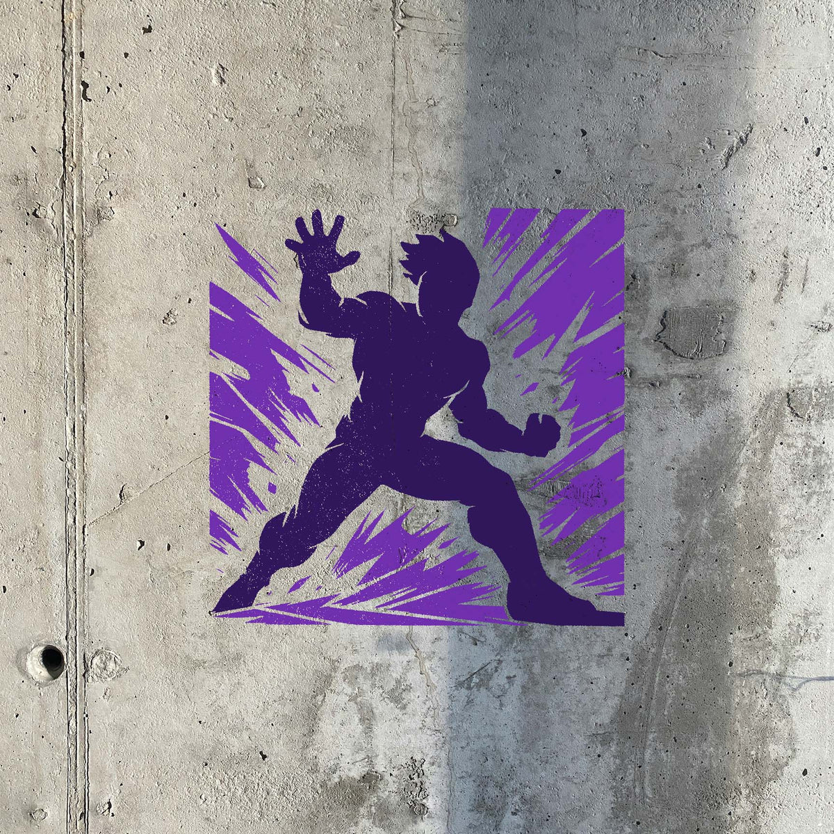 Purple Action Hero Silhouette Stencil strikes a powerful pose across a rugged concrete wall