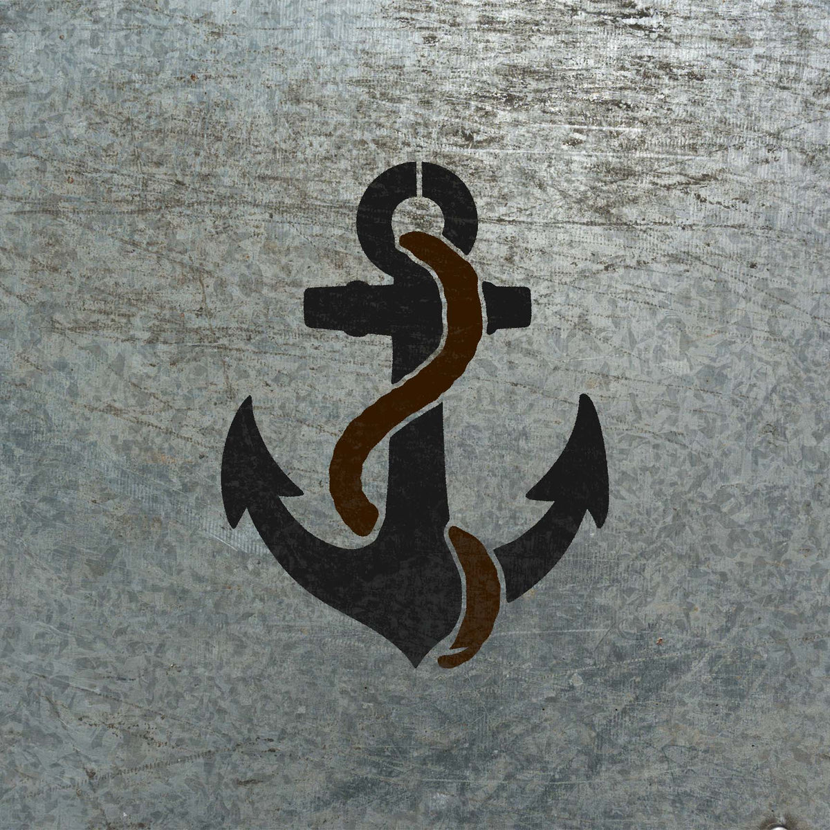 Against scratched metal, the Anchor with Rope Stencil appears in black with brown rope details