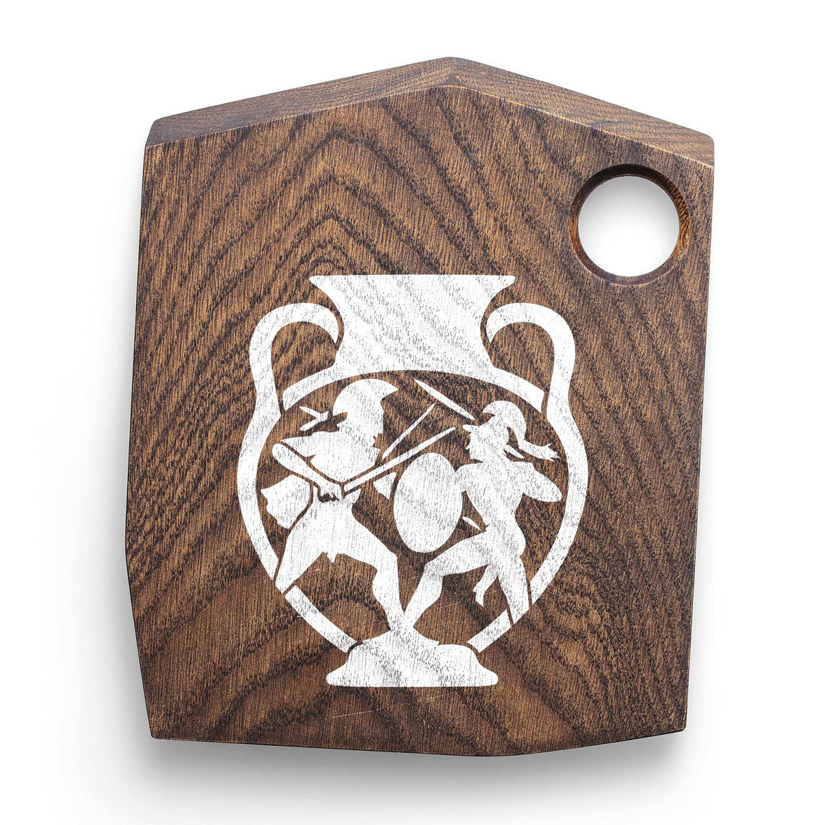 Ancient Greek Warriors Vase Stencil painted white on a dark wooden cutting board.