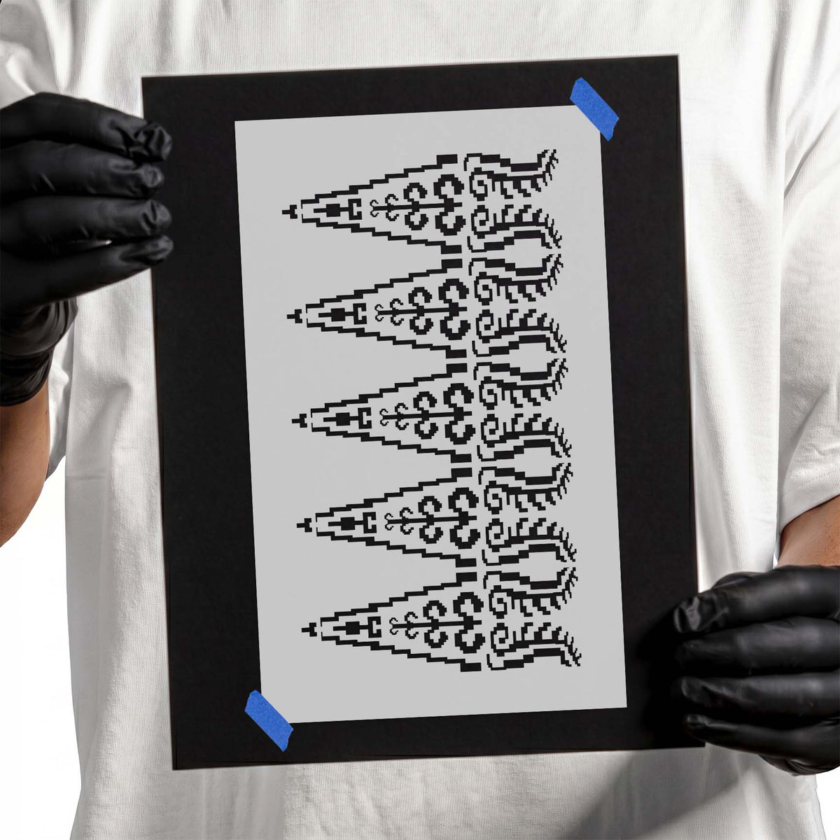 Angular Triangle Pattern Stencil with repeating pointed motifs and ornamental folk details