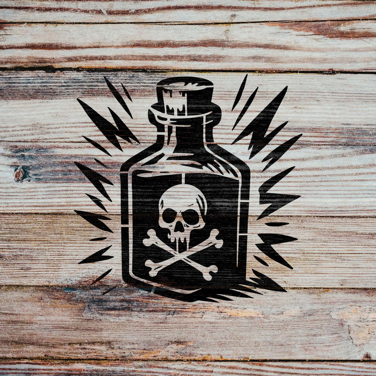 Weathered wood sets a rustic backdrop for the Apothecary Skull Poison Bottle Stencil in black