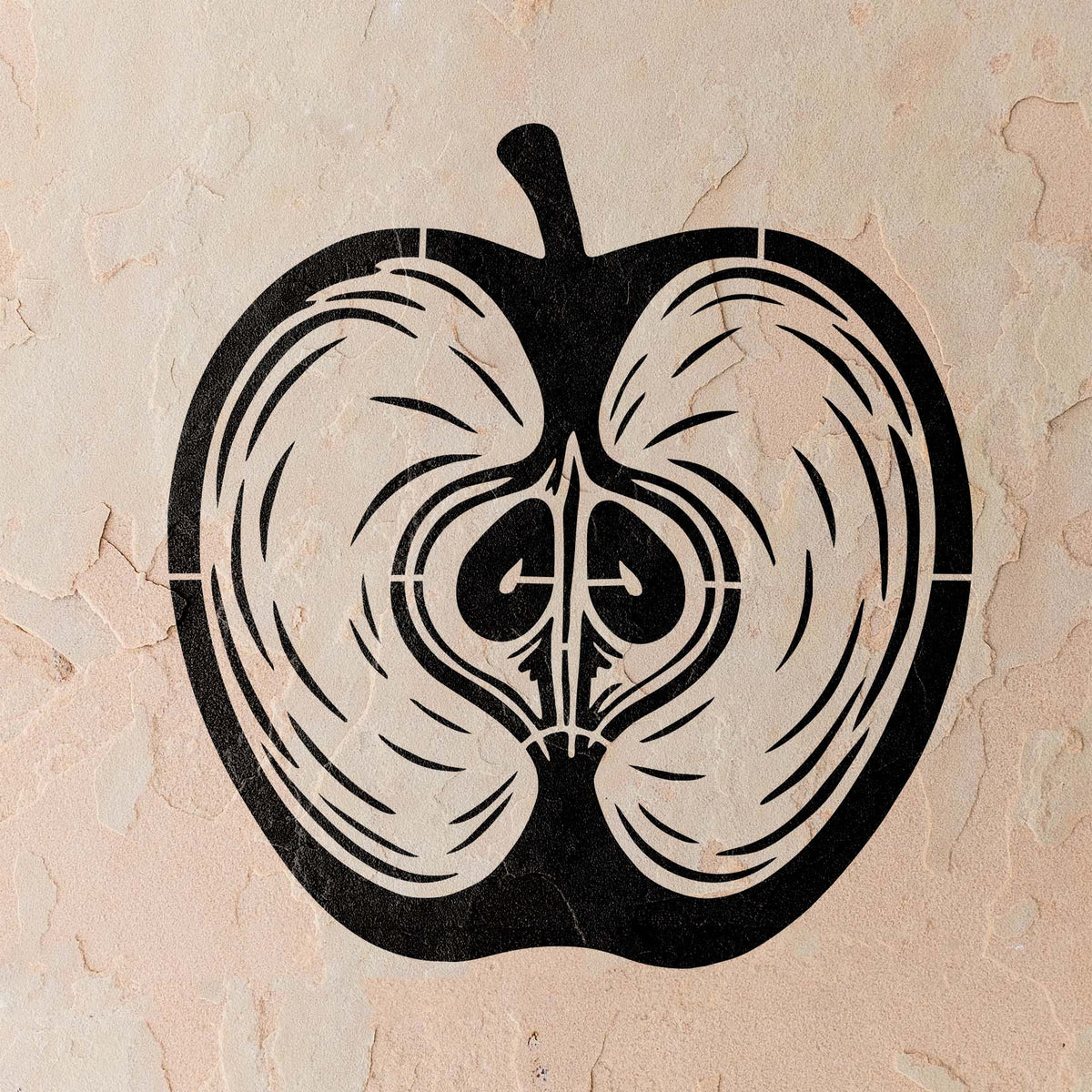 Black Apple Cross Section Stencil reveals the core and seeds on a textured beige stucco wall.