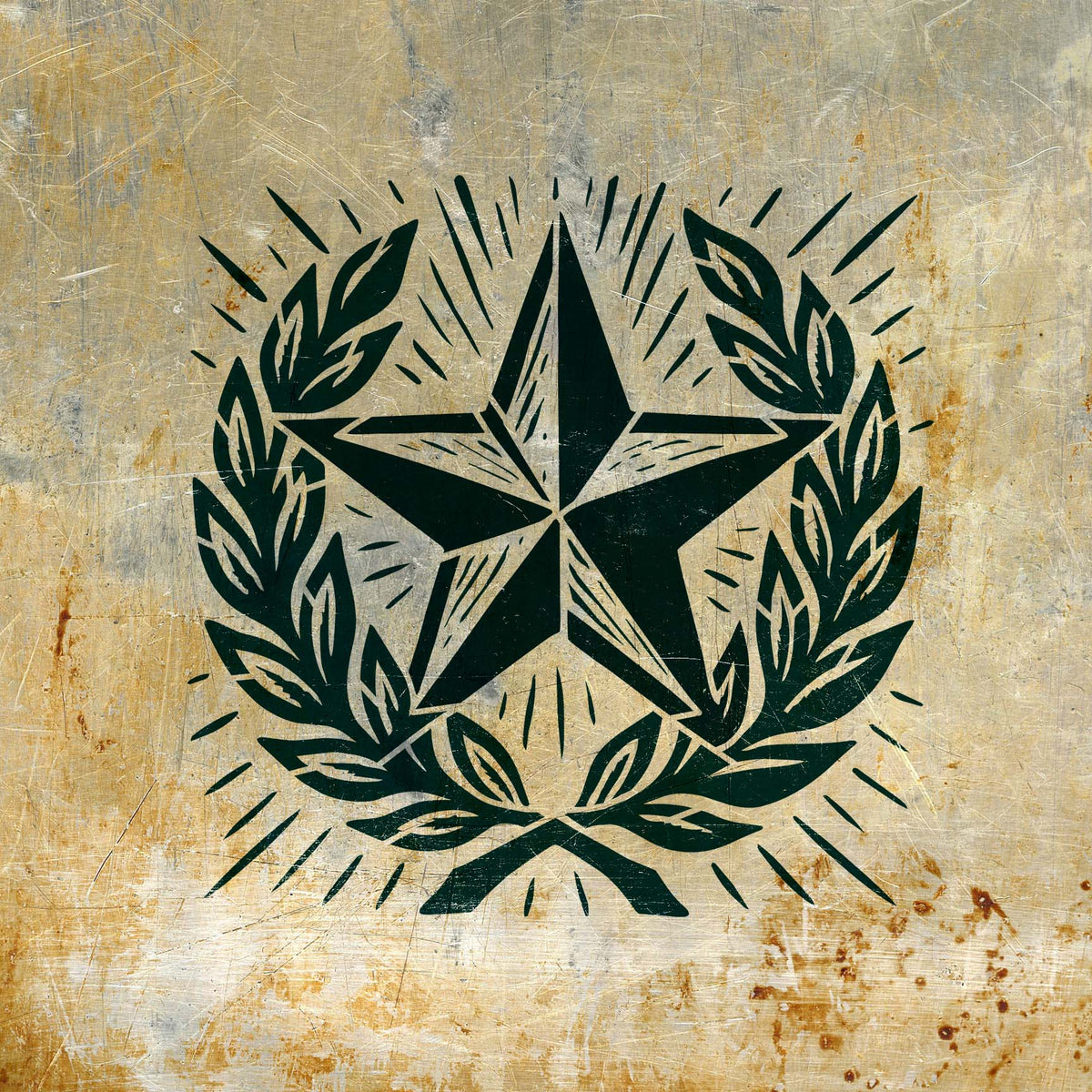 Military Star Laurel Wreath Stencil with a bold central star and leafy branches painted on aged metal.