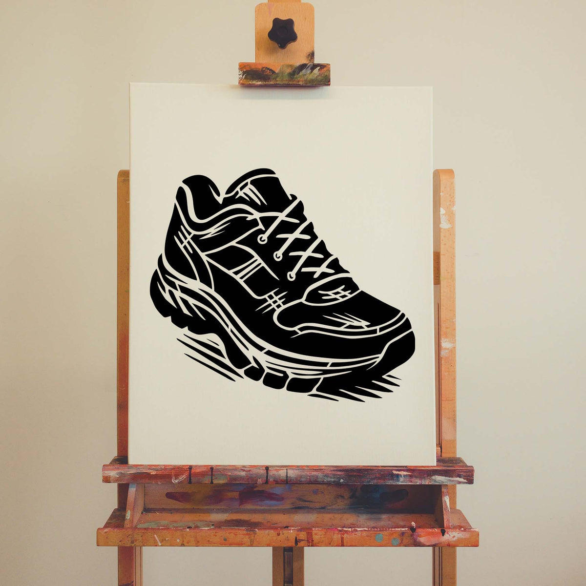Athletic Running Shoe Stencil with detailed laces and tread displayed on canvas