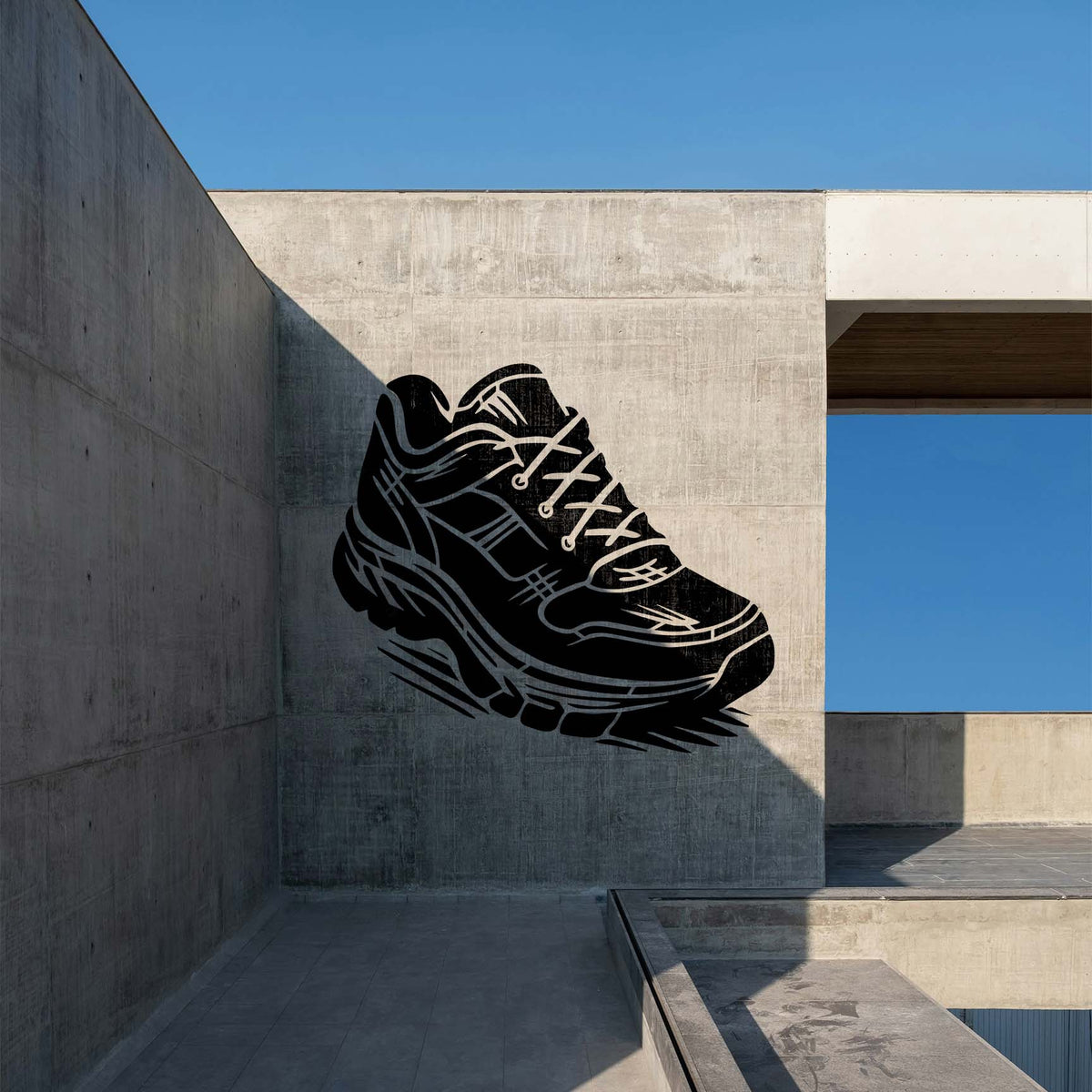 Bold Athletic Running Shoe Stencil painted across a modern concrete wall