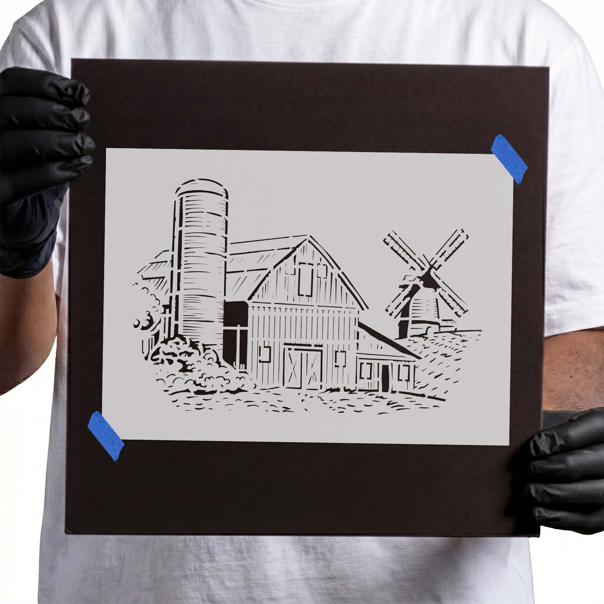 Farm stencil with detailed barn, tall silo, and windmill