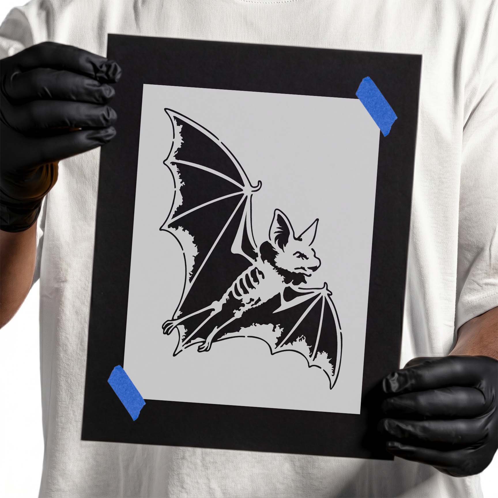 Flying bat stencil featuring a detailed bat with outstretched wings