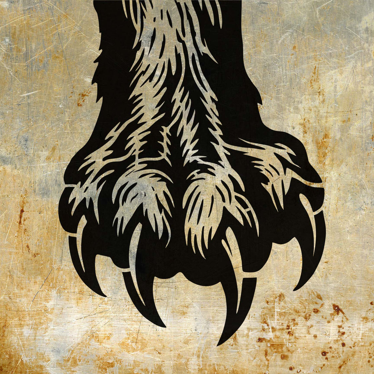 Rugged metal showcases the Bear Claw Paw Stencil with detailed fur and sharply hooked claws