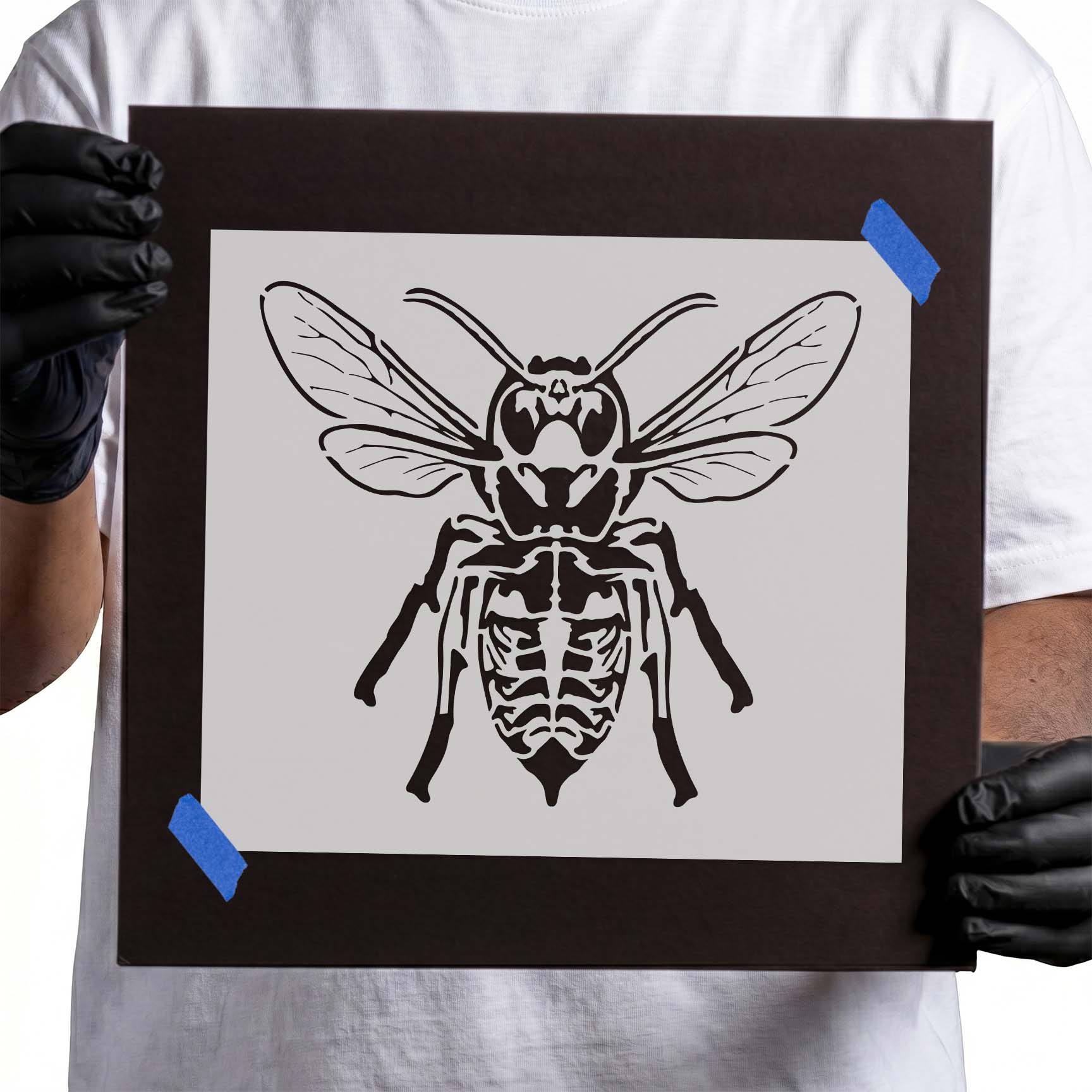 Skeleton bee stencil featuring a winged bee with a skeleton ribcage body