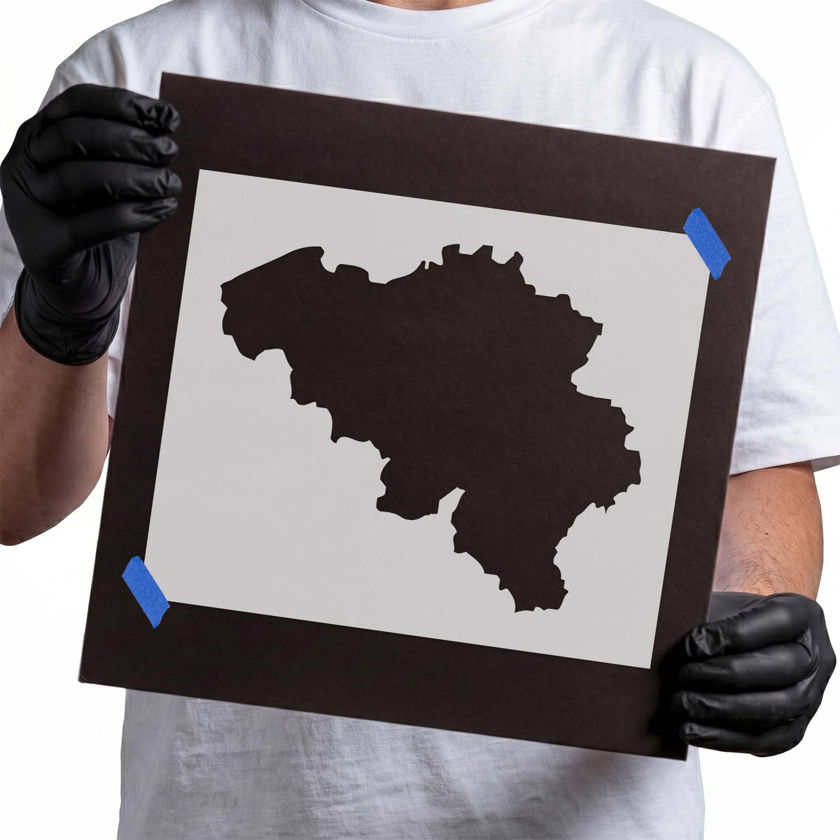Belgium stencil featuring a solid country silhouette with irregular borders and angular contours