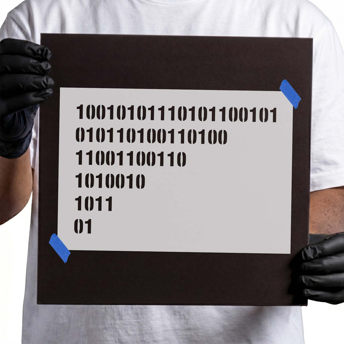Binary code stencil featuring rows of bold zeros and ones in descending lengths