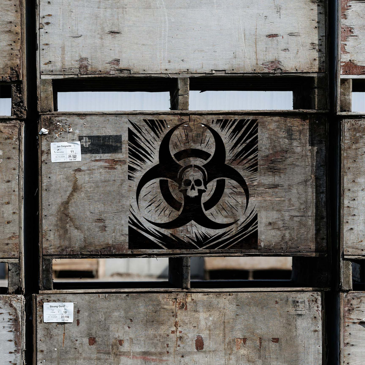 Biohazard Skull Emblem Stencil marks weathered wooden crates with a bold skull hazard symbol