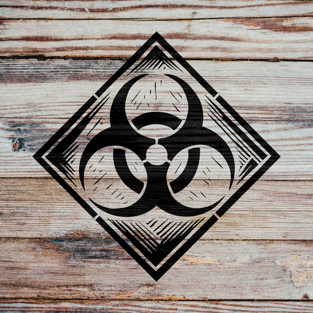 Biohazard Warning Diamond Frame Stencil creates a bold hazard emblem on rustic wood planks