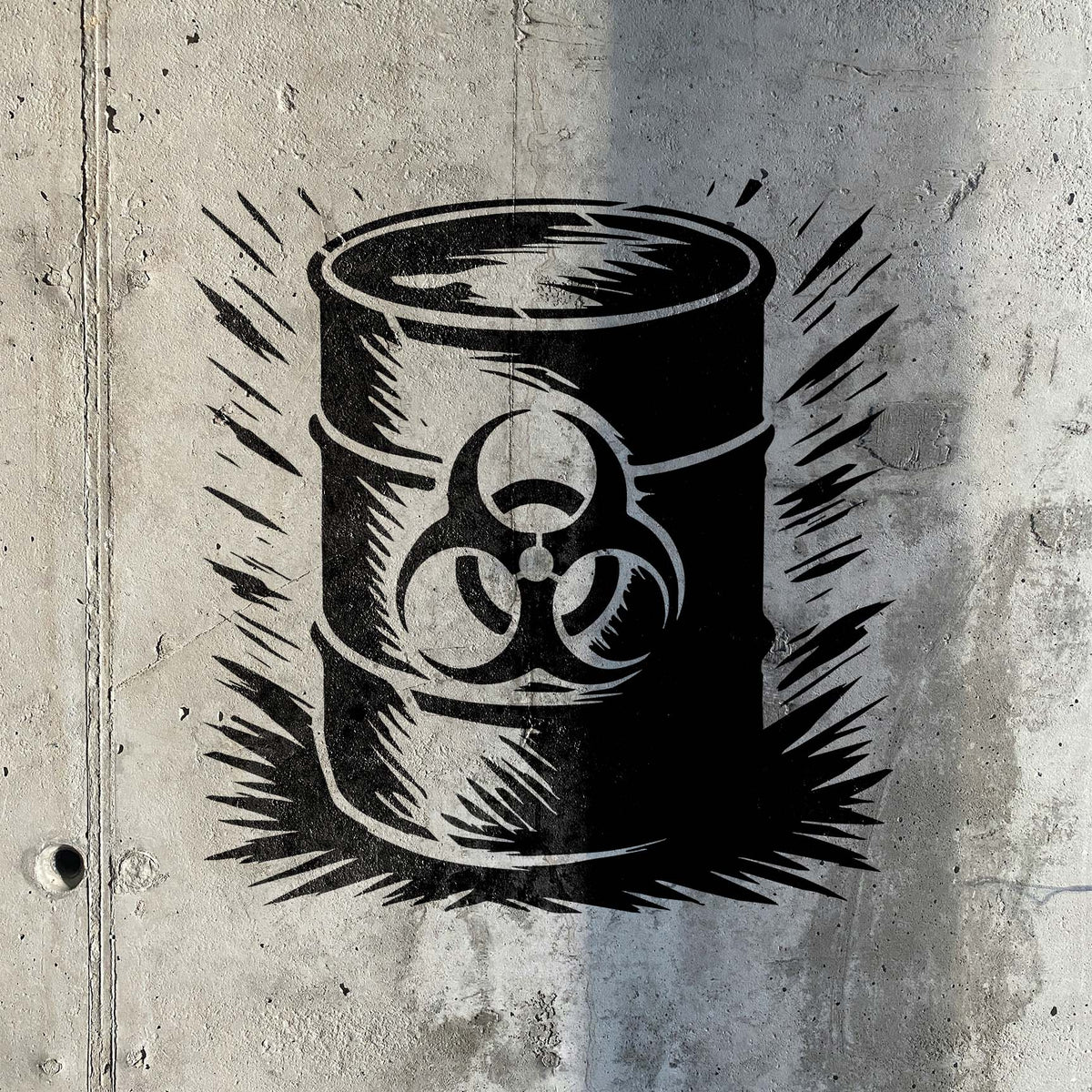 Biohazard Waste Barrel Stencil creates a bold hazardous drum graphic on a rough concrete wall.
