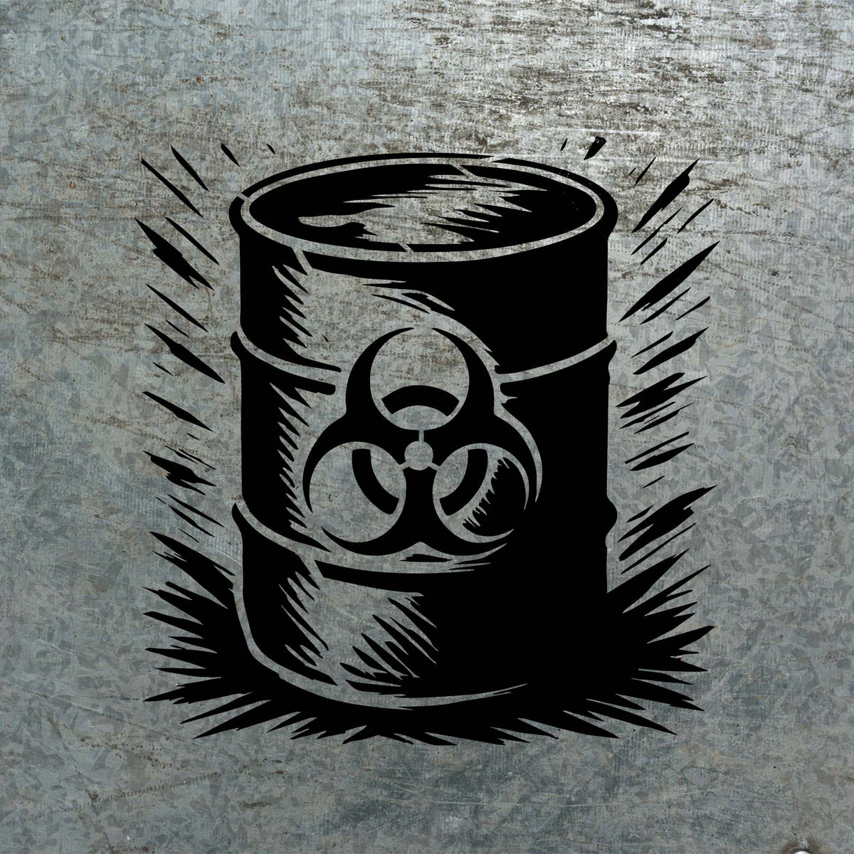Bold black Biohazard Waste Barrel Stencil artwork stands out against a weathered metal surface.