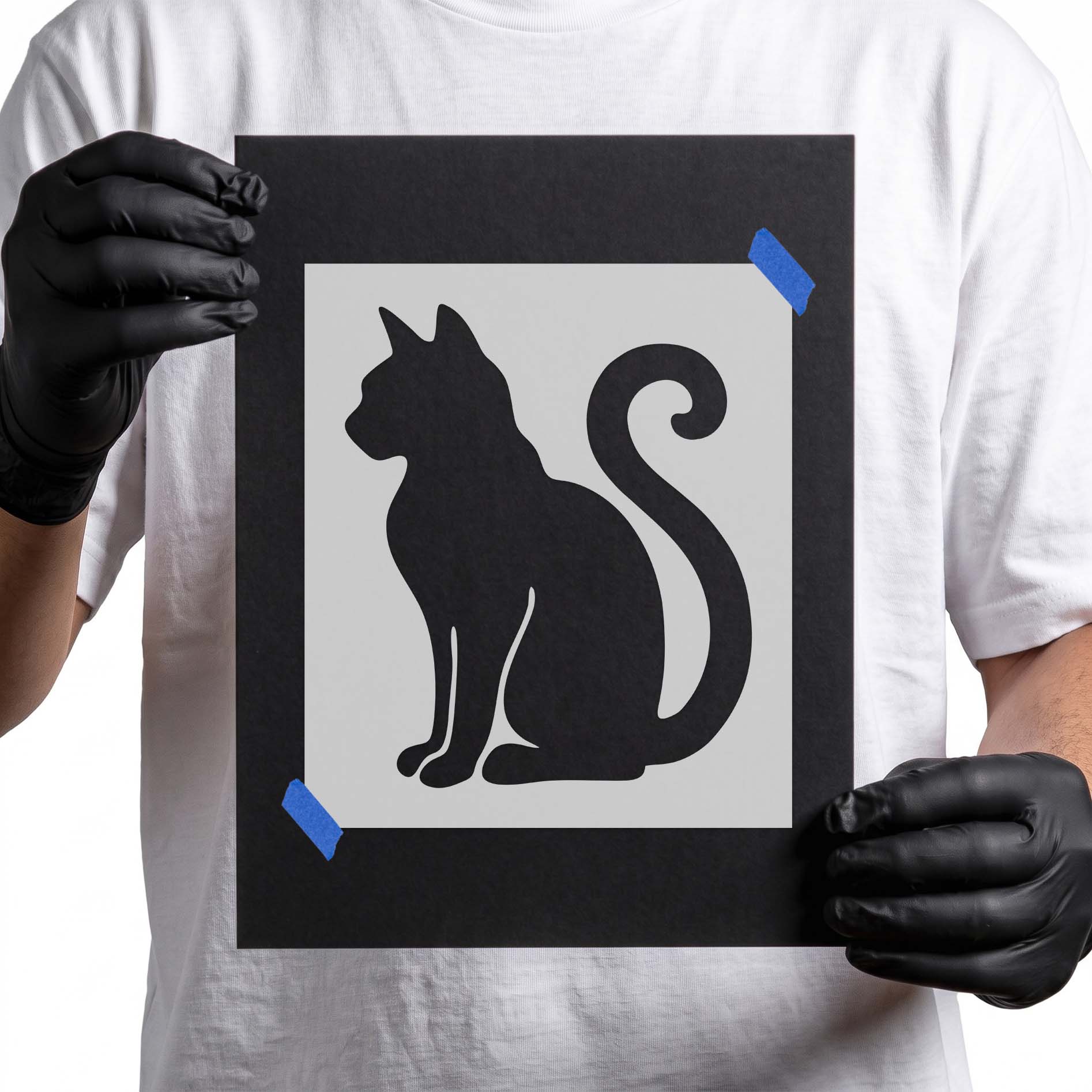 Sleek seated black cat silhouette stencil