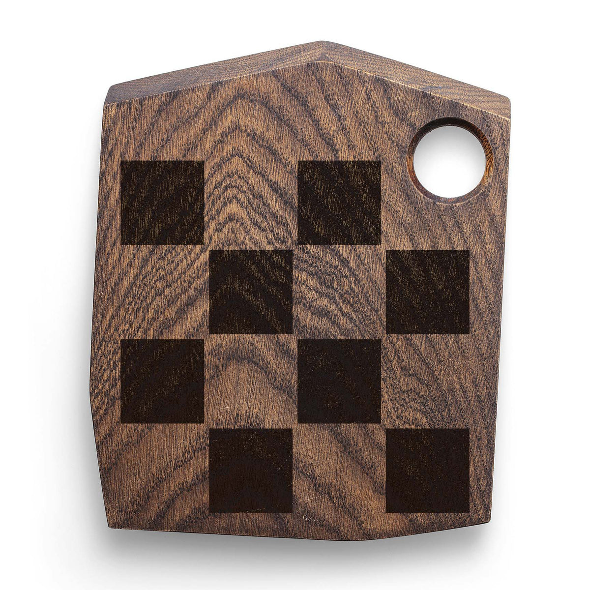Dark squares from the Bold Checkerboard Pattern Stencil give a rustic wooden cutting board a modern edge.