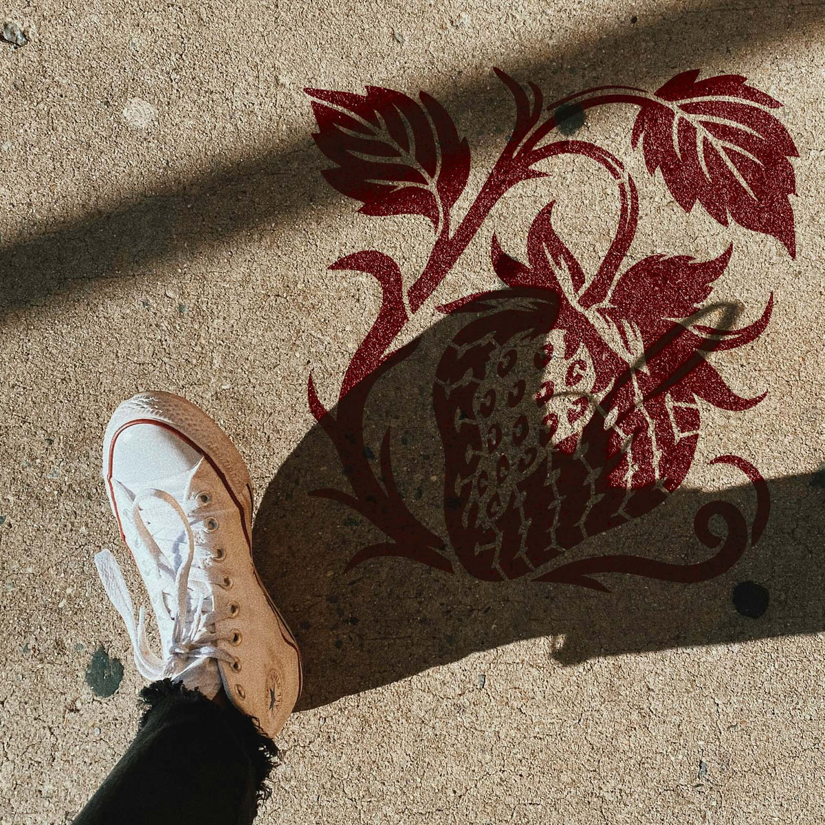 Sunlit pavement displays Botanical Strawberry Vine Stencil in deep red beside a white sneaker.