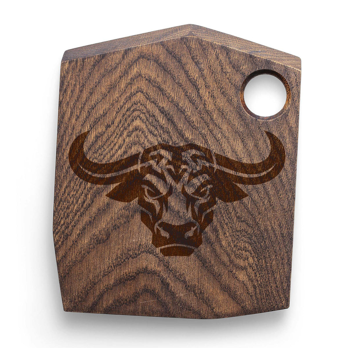 Buffalo Head Stencil engraved on a dark wooden cutting board with a bold longhorn design.