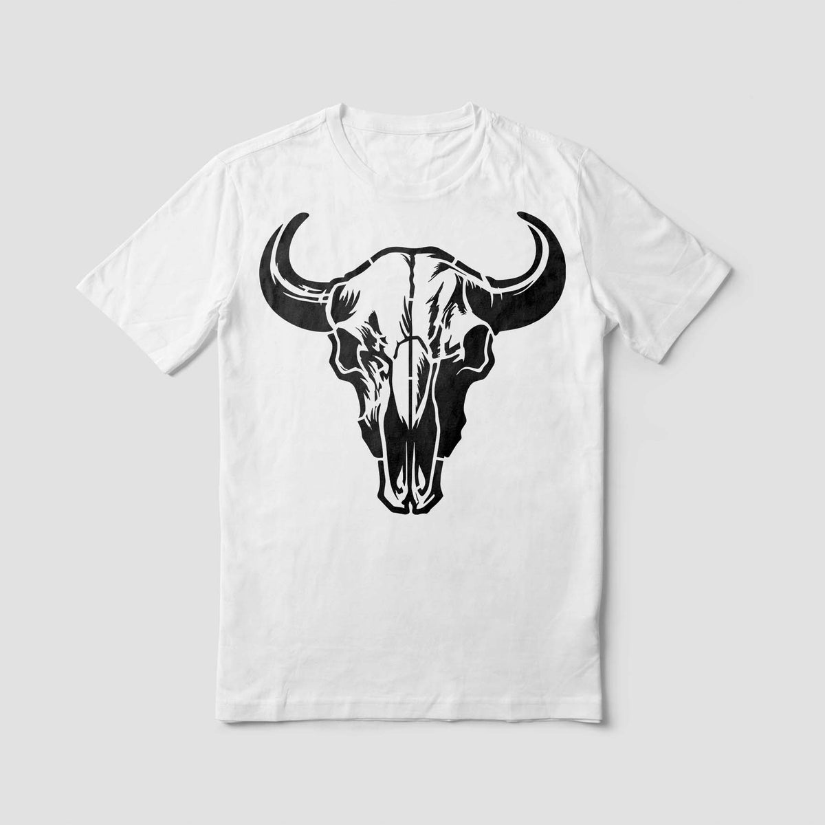 A white T-shirt showcases the Buffalo Skull Stencil in black with a long skull and curved horns.