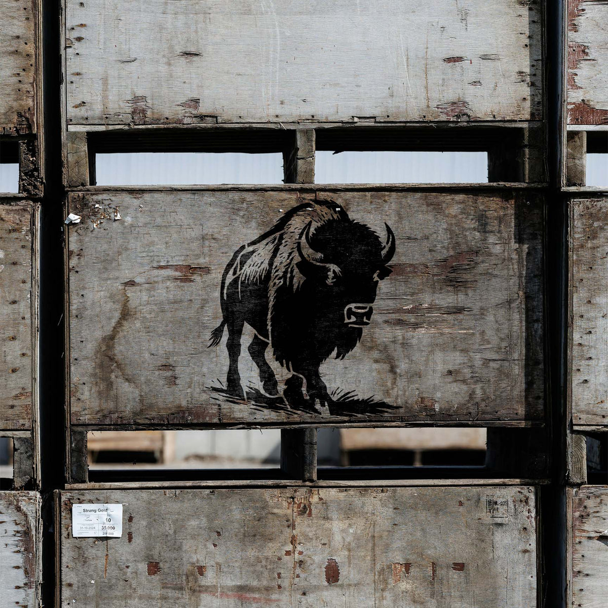 A Buffalo Walking in Plain Stencil captures a shaggy bison stepping forward across weathered wooden crates.