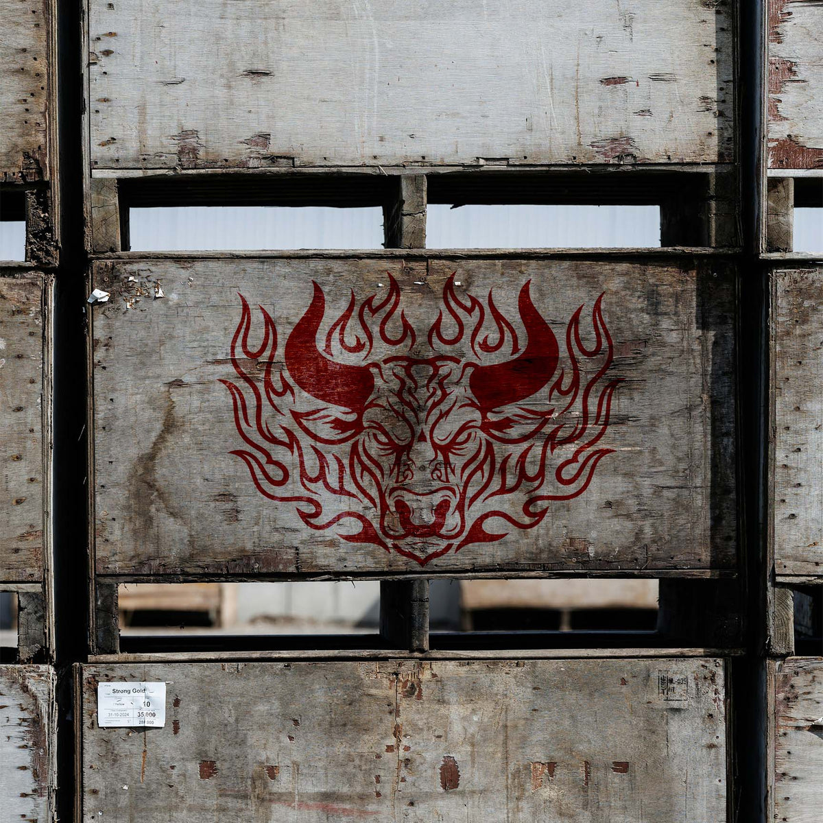 Flaming Bull Head Stencil painted red on weathered wooden crates with detailed flames and horns.