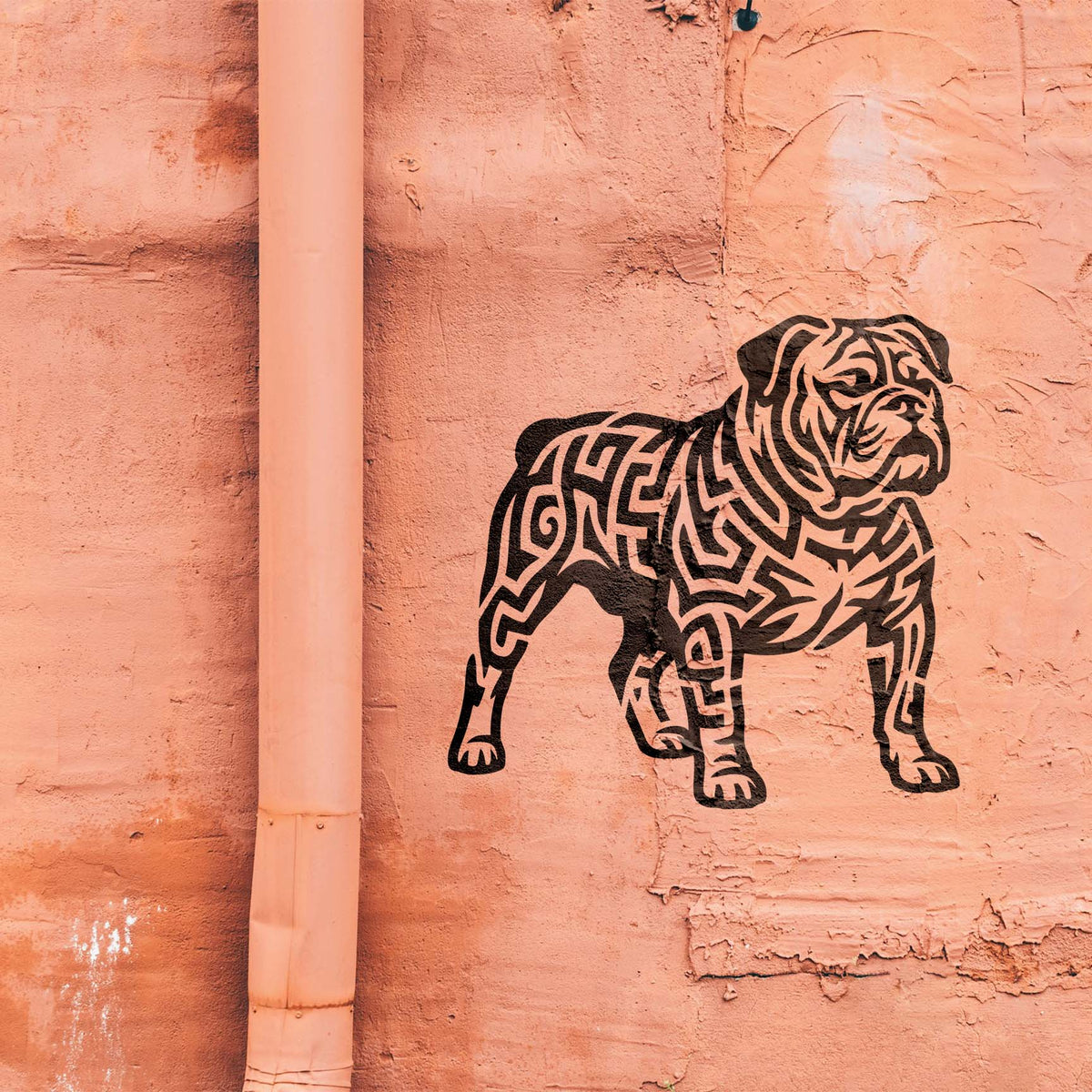 Intricate Bulldog Tribal Pattern Stencil depicts a muscular bulldog on a textured peach stucco wall.