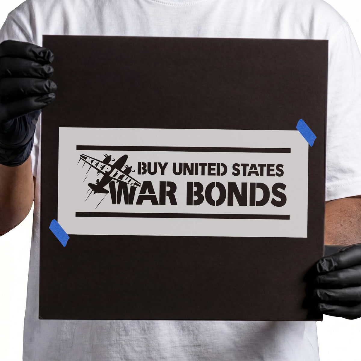 War bonds stencil with bold lettering and Keep It Up airplane design