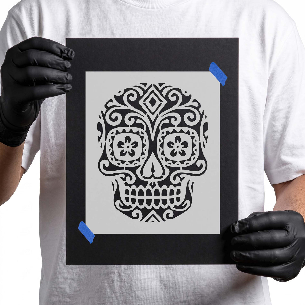Candy Skull Decorated Stencil featuring floral eyes, ornamental scrollwork, and a heart-shaped nose