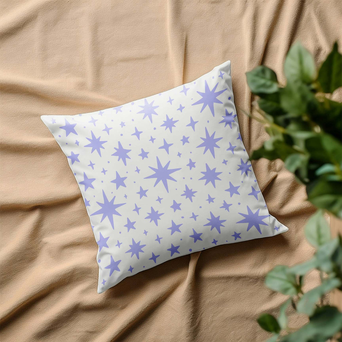 Celestial Star Scatter Stencil with purple stars on decorative pillow