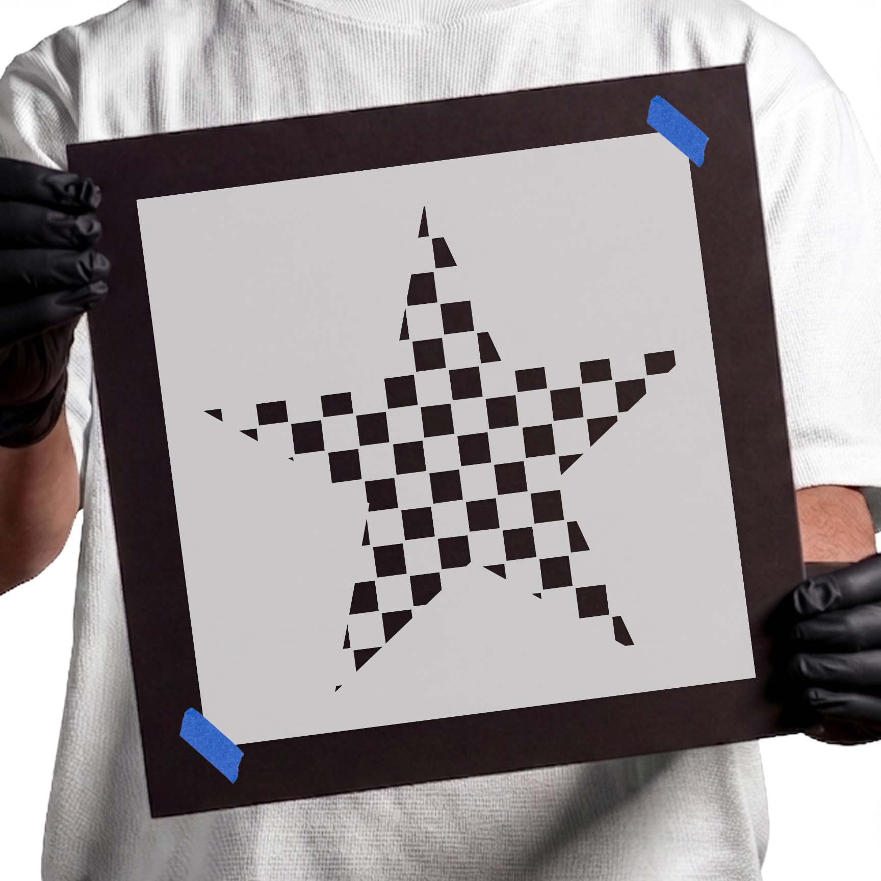 Bold checkerboard star stencil featuring a classic five-point star filled with an evenly spaced geometric checkered pattern