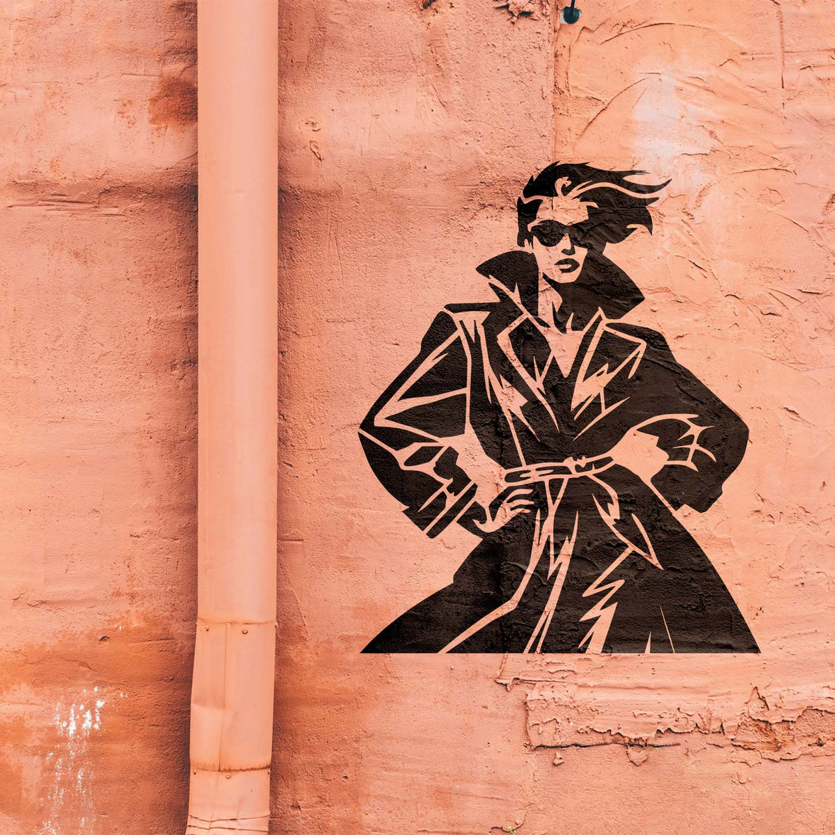 Chic Trench Coat Fashion Stencil brings a stylish figure to a textured salmon wall