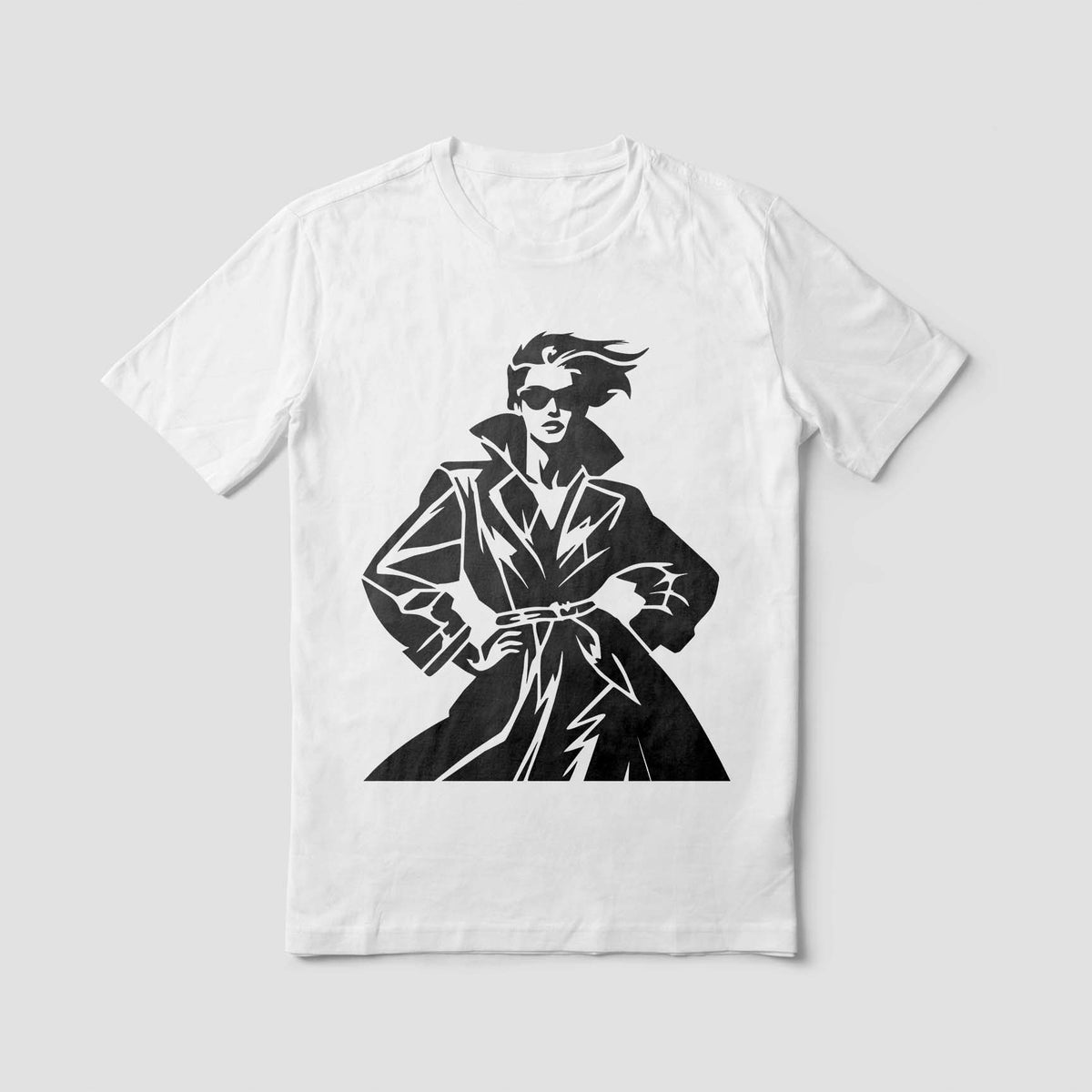 Chic Trench Coat Fashion Stencil printed boldly across a crisp white T-shirt