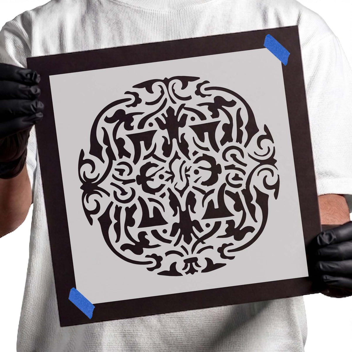 Circular Damask Pattern Stencil featuring intricate swirling scrollwork and ornamental flourishes