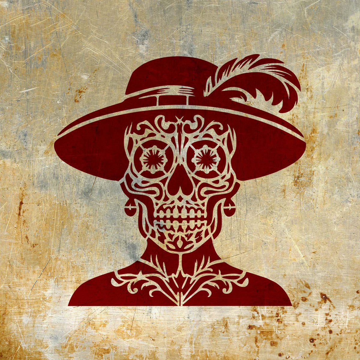Deep red Classic Catrina Sugar Skull Stencil stands out across a scratched metal surface.