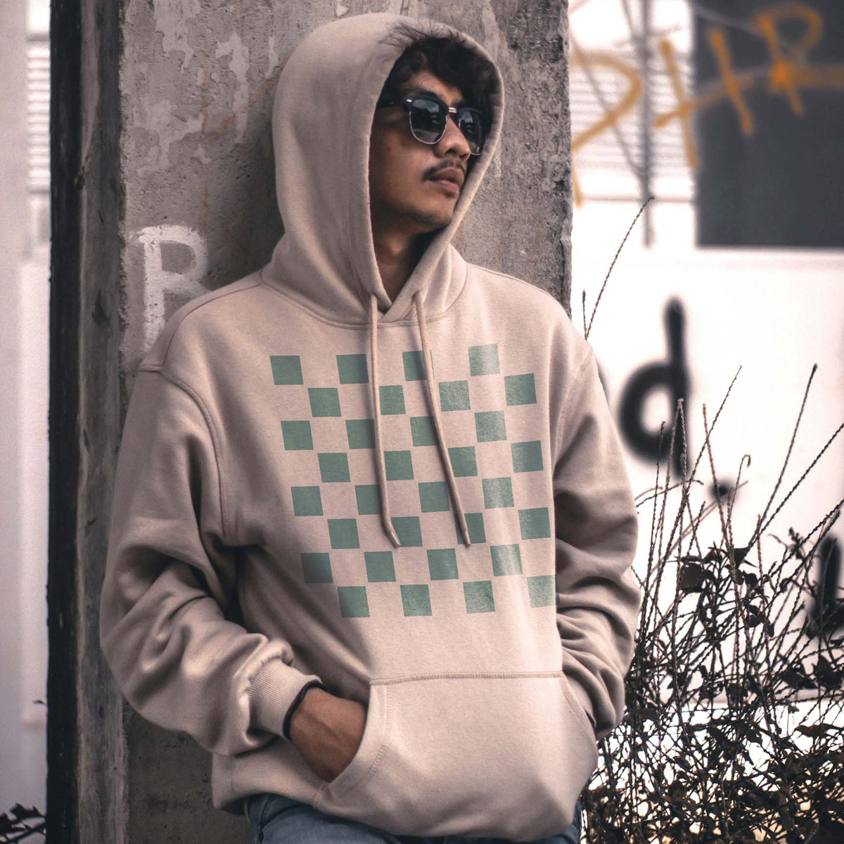 Classic Checkerboard Pattern Stencil adds a mint checker print to a beige hoodie.