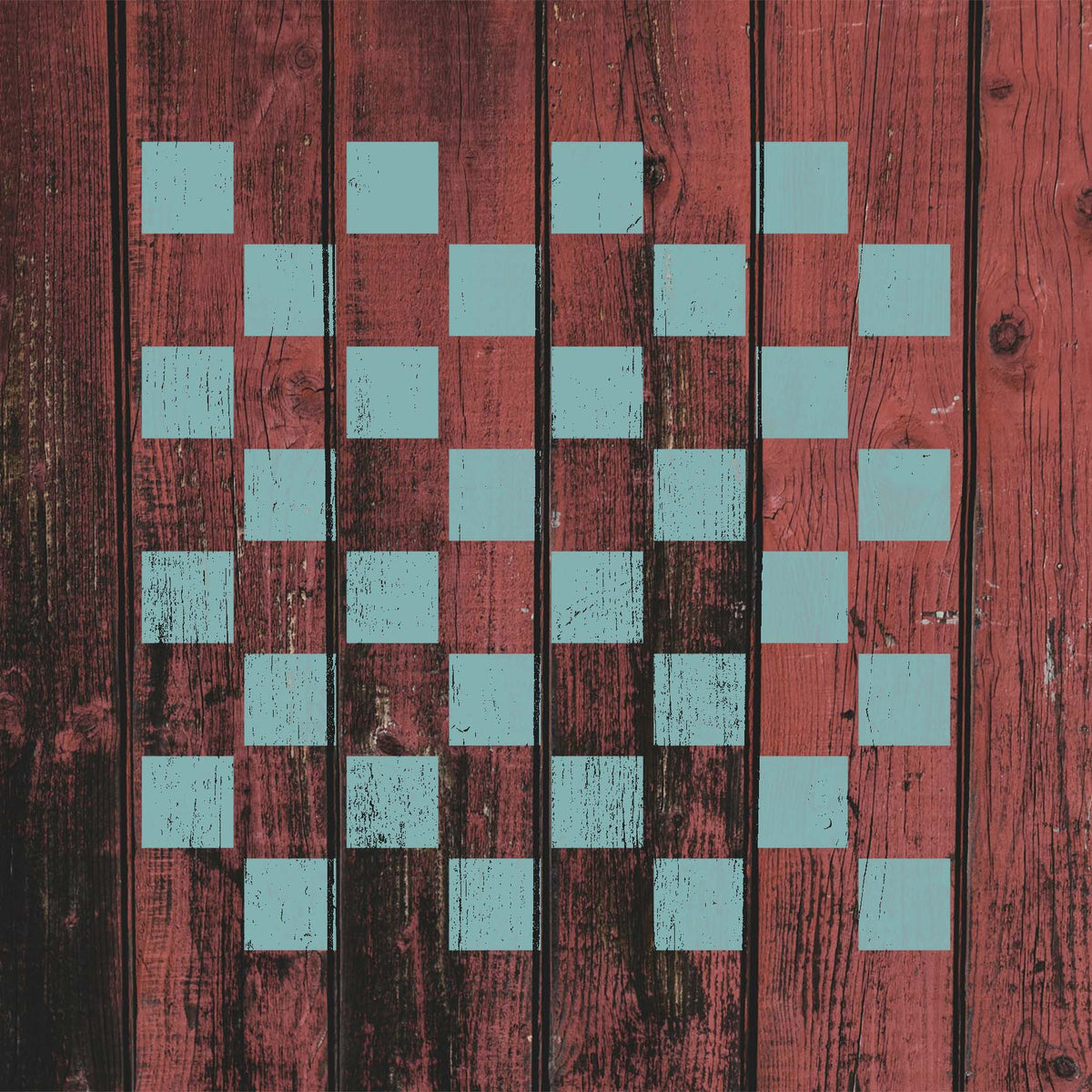 Classic Checkerboard Pattern Stencil stands out in pale blue across rustic red wood planks.