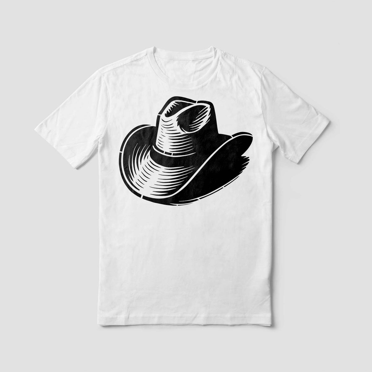 Western charm stands out with the Classic Cowboy Hat Stencil in black across a plain white T-shirt.