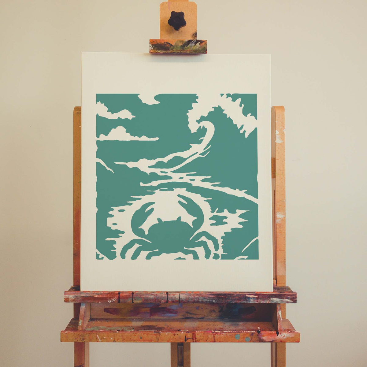 Painted on canvas, the Seashore Crab Stencil shows a crab beneath sweeping seaside waves.