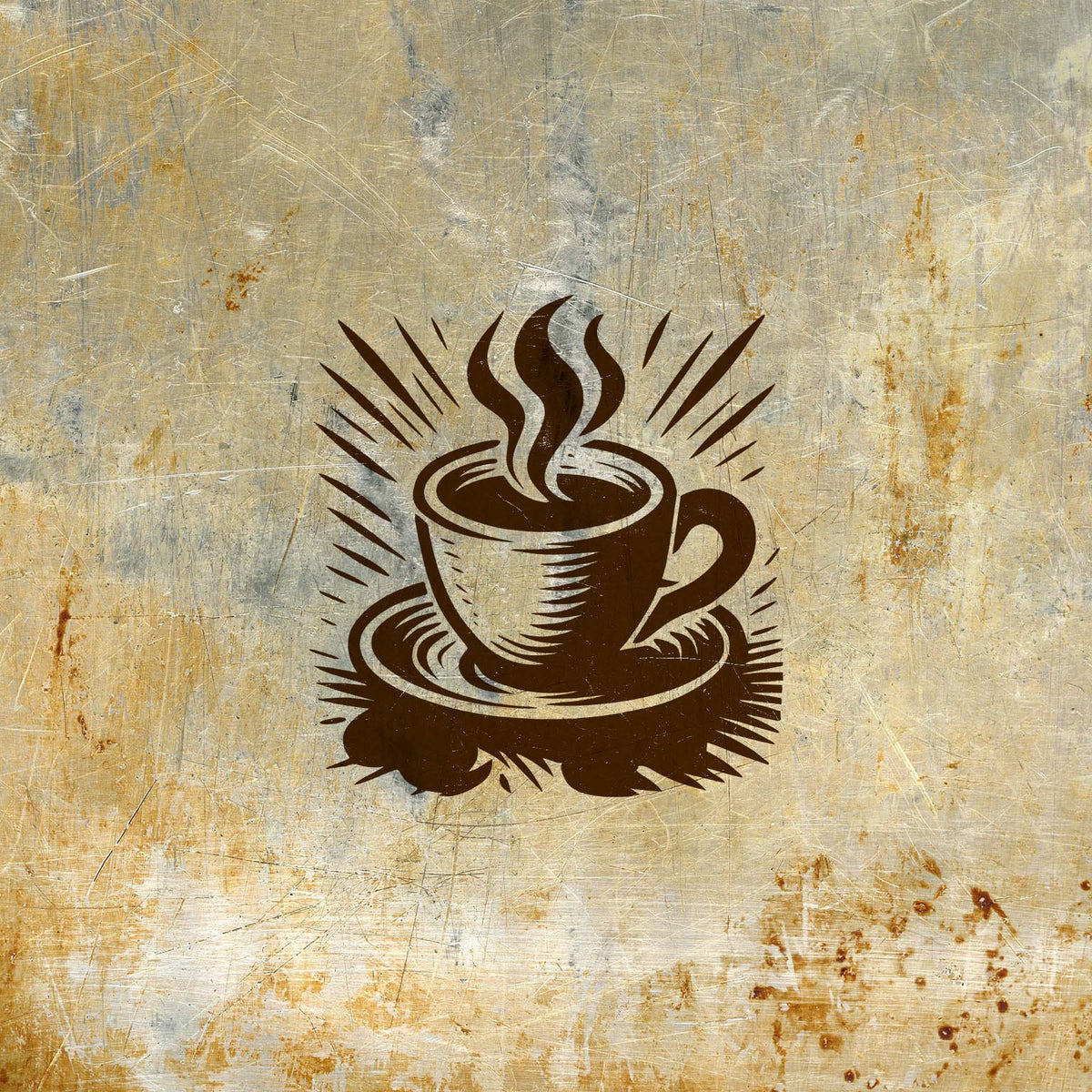 Steaming Coffee stencil with hot coffee cup, saucer, beans, and radiating lines on metal surface