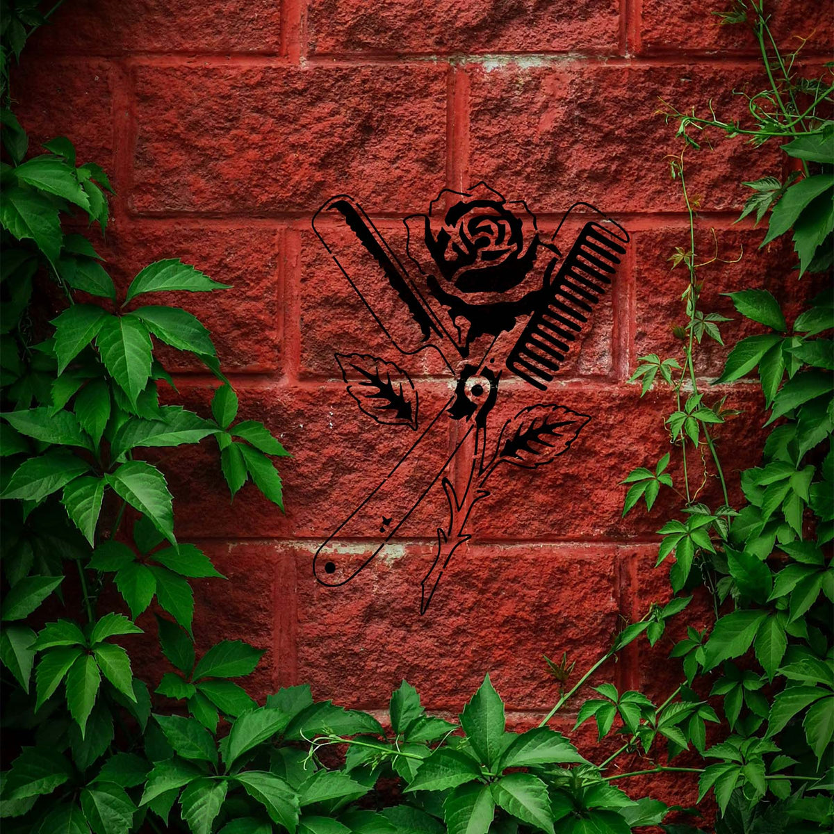 Barber Straight Razor Rose stencil with comb and rose on brick wall