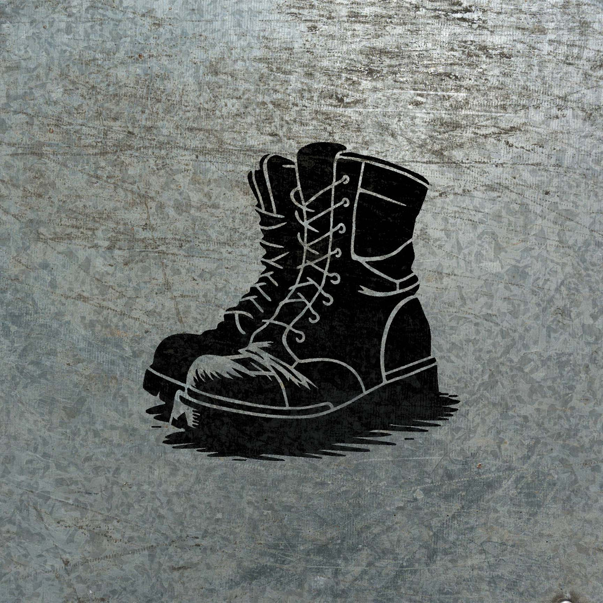 Bold Combat Lace-Up Boots Stencil shows detailed laces and panels on textured metal