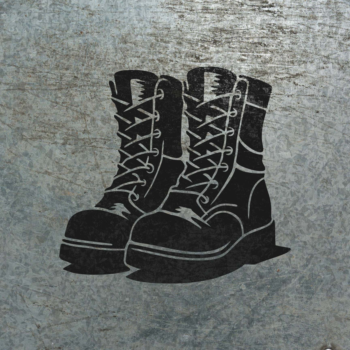 Combat Military Boots Stencil in black displayed on a textured metal surface.