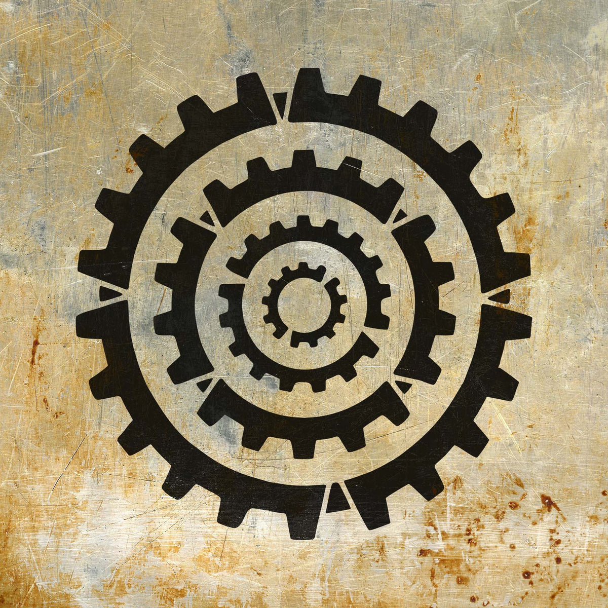 Against scratched metal, the Concentric Cogs Stencil reveals nested cogwheels with striking geometric detail.