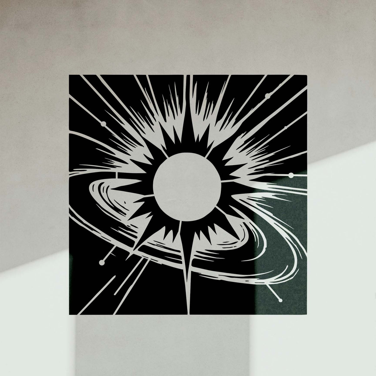 Cosmic Orbital Sun Stencil with dramatic rays and orbiting rings on a shadowed wall