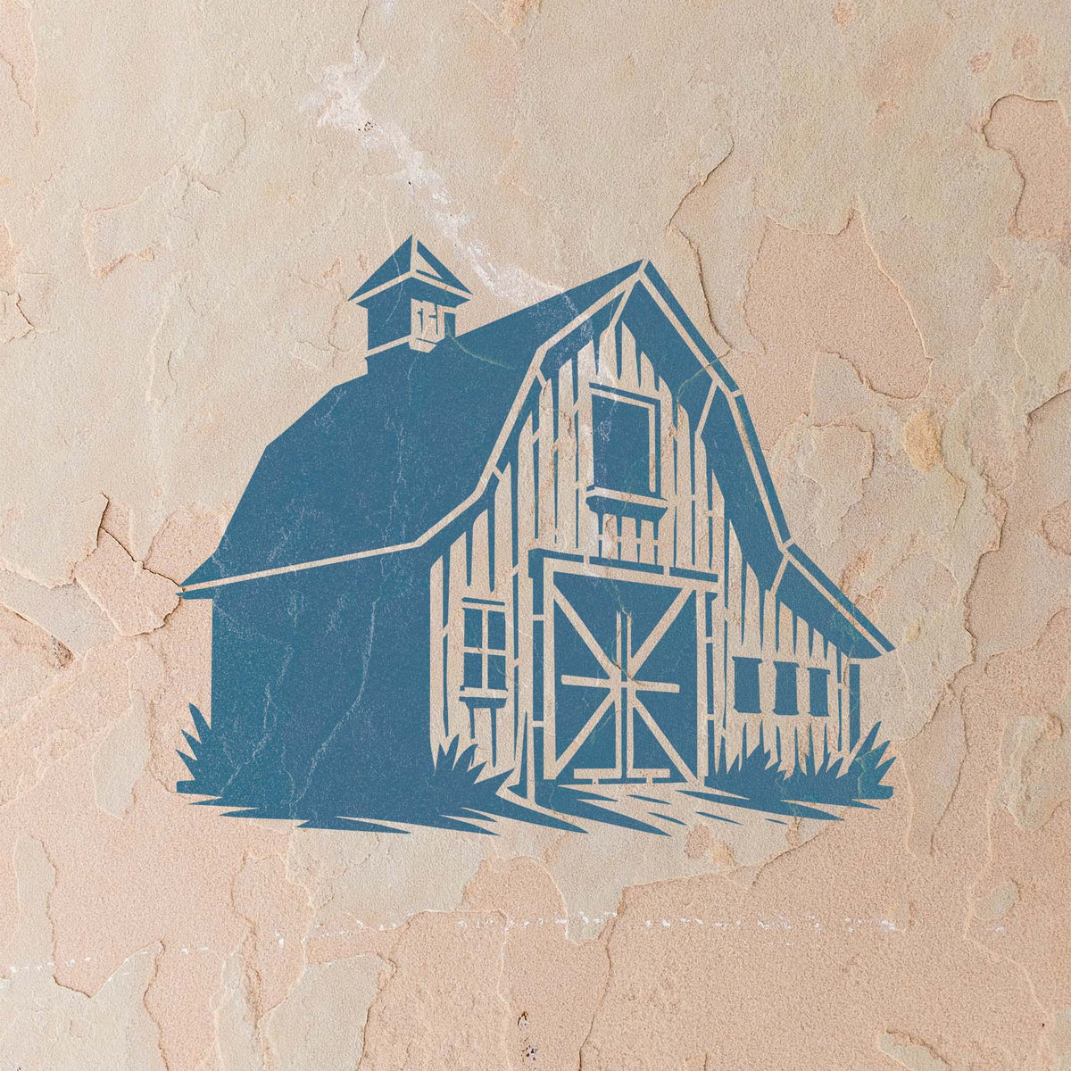 Vintage Countryside Barn Facade Stencil displays barn doors and a cupola on textured stucco.
