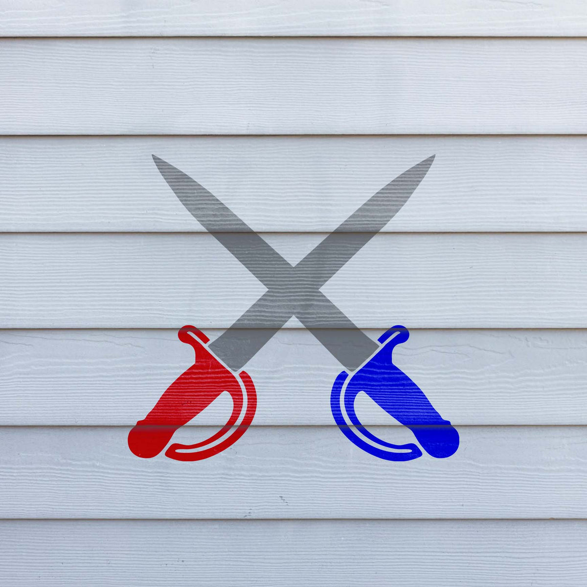 Crossed Cavalry Sabers stencil with red and blue handles on white siding