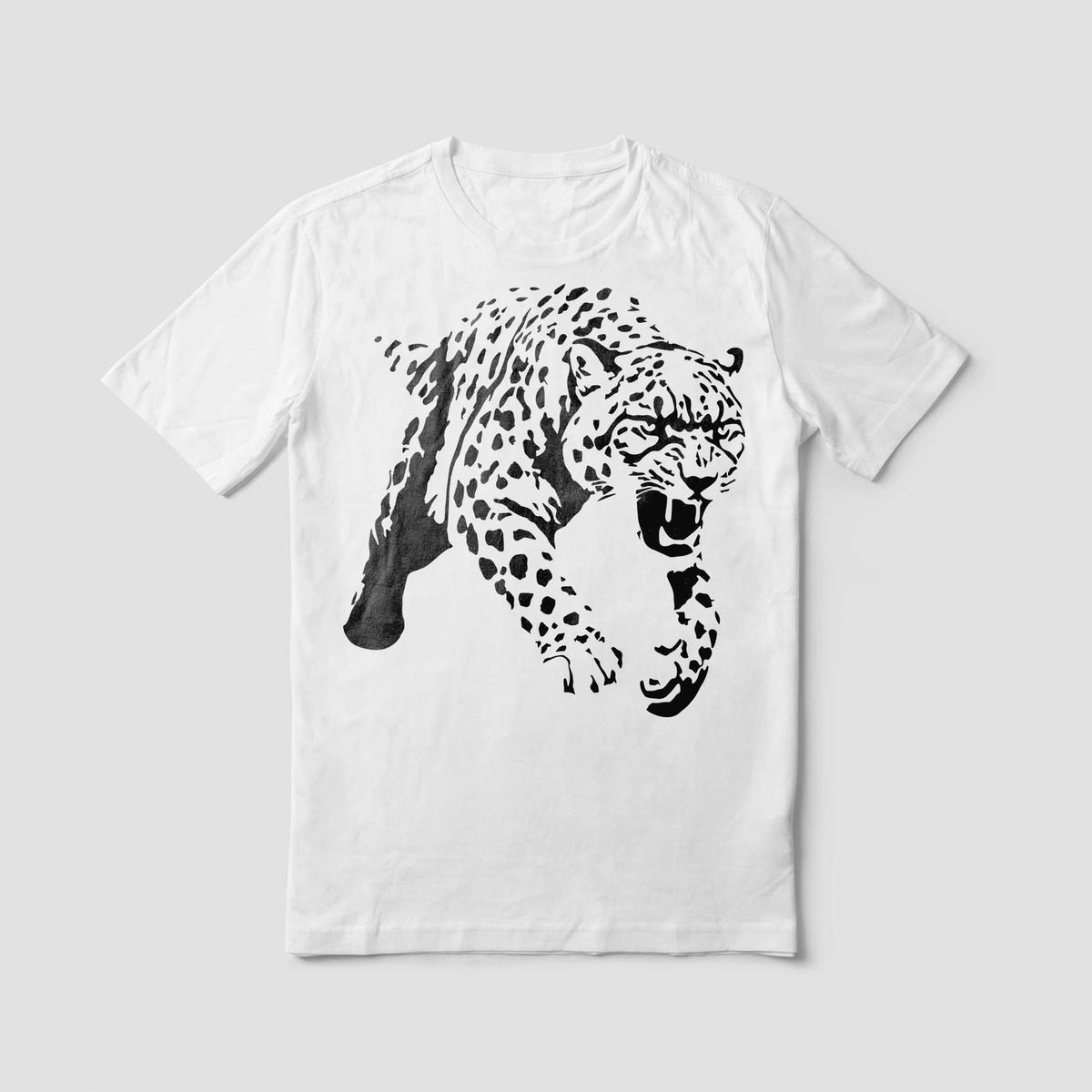 Crouching Cheetah stencil printed black on a white T-shirt