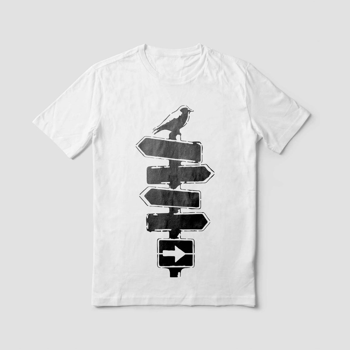 Crow on Rustic Signpost Stencil printed in black on a white t-shirt mockup.